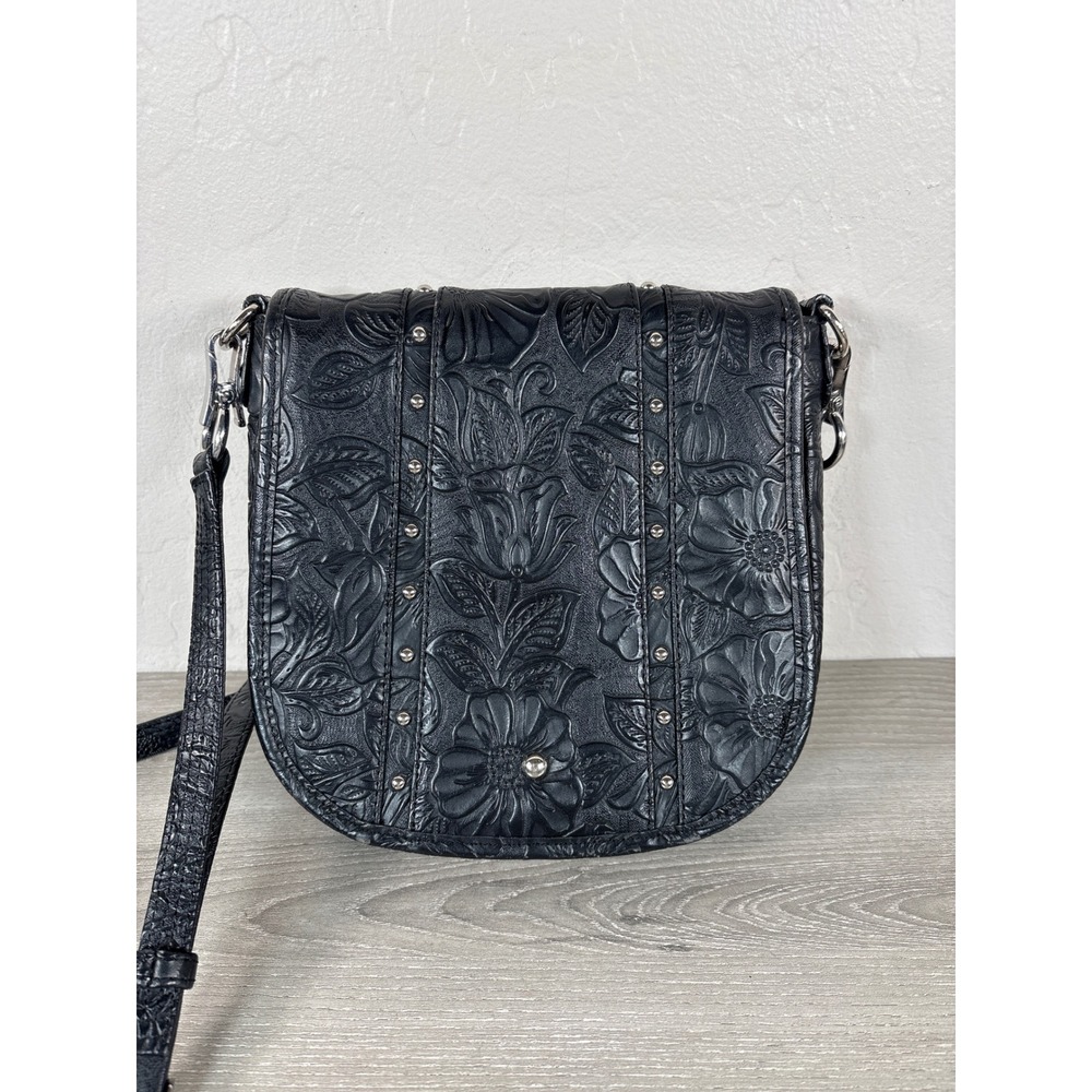 Black Floral Embossed Crossbody Shoulder Bag Concealed Carry Purse